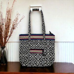 Vera Bradley Barcelona Black White and Rainbow Trim Villager Shoulder Tote Bag